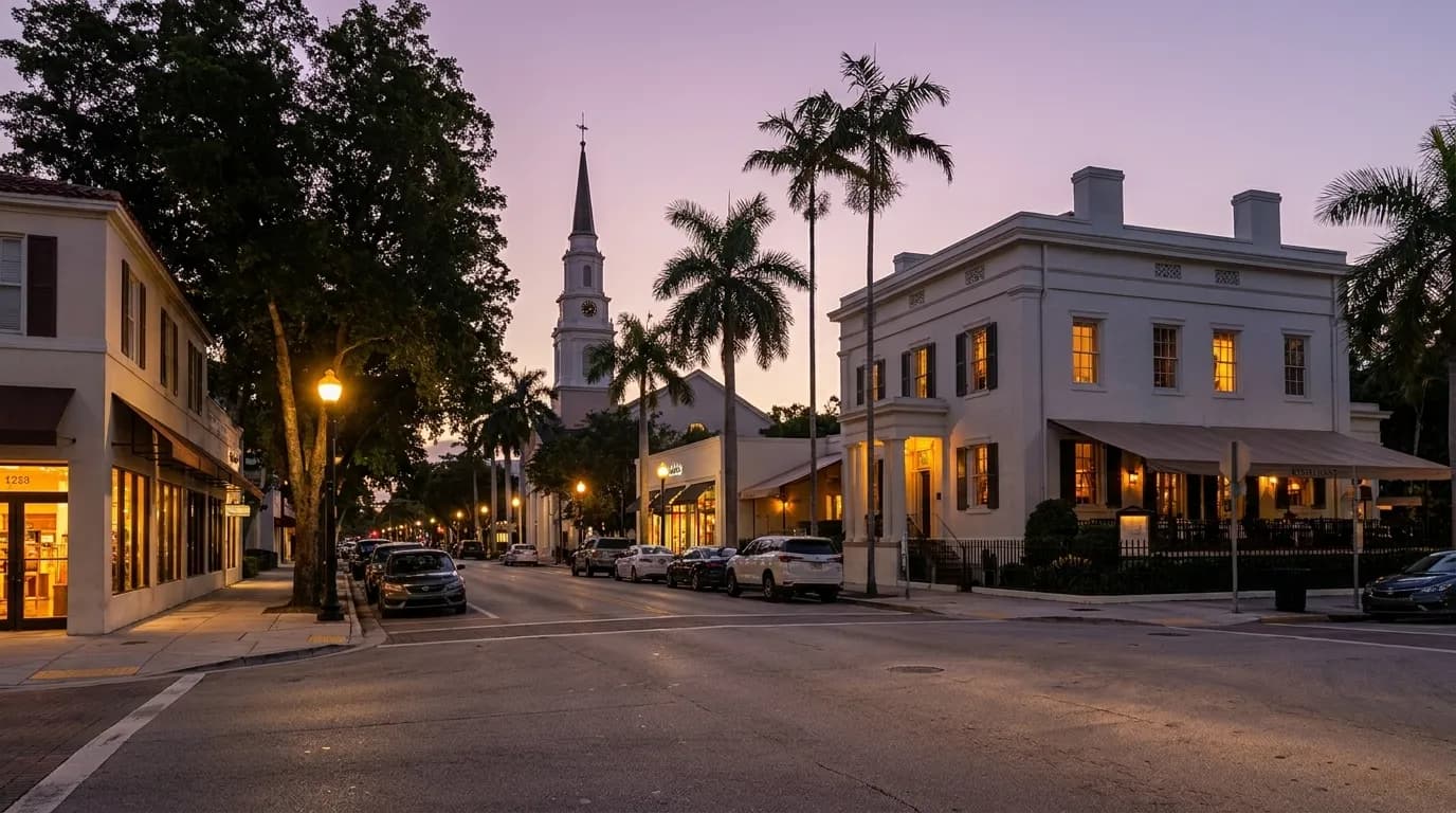 Alton Road near Lincoln Road in Miami Beach at dusk with storefronts and streetlights