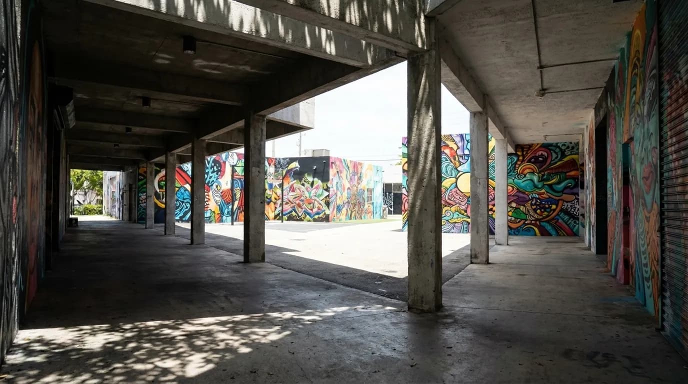 Shaded walkway at the Wynwood Walls with colorful murals visible in the sunlit plaza beyond.