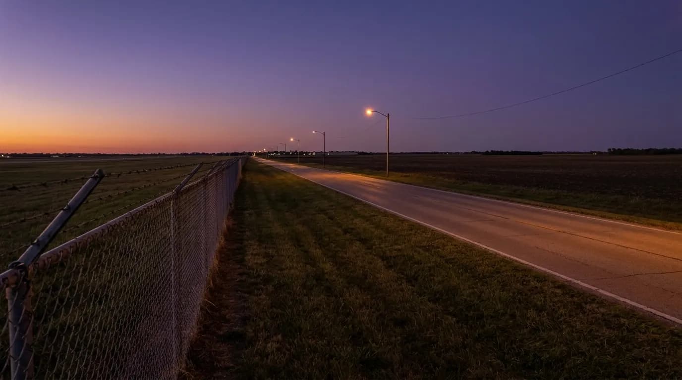 Perimeter fence and empty road near Homestead Air Reserve Base at dusk, with farmland stretching toward the horizon under a fading sky.