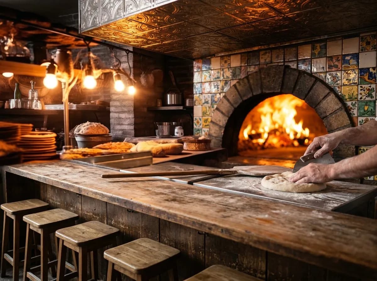 Chef's counter facing a glowing wood-fired oven with tin ceiling above