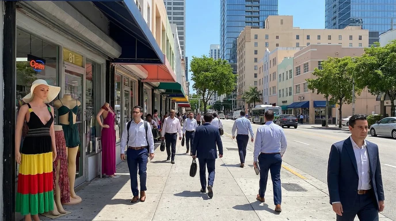 Flagler Street sidewalk in Downtown Miami during weekday lunch hour with pedestrians and storefronts