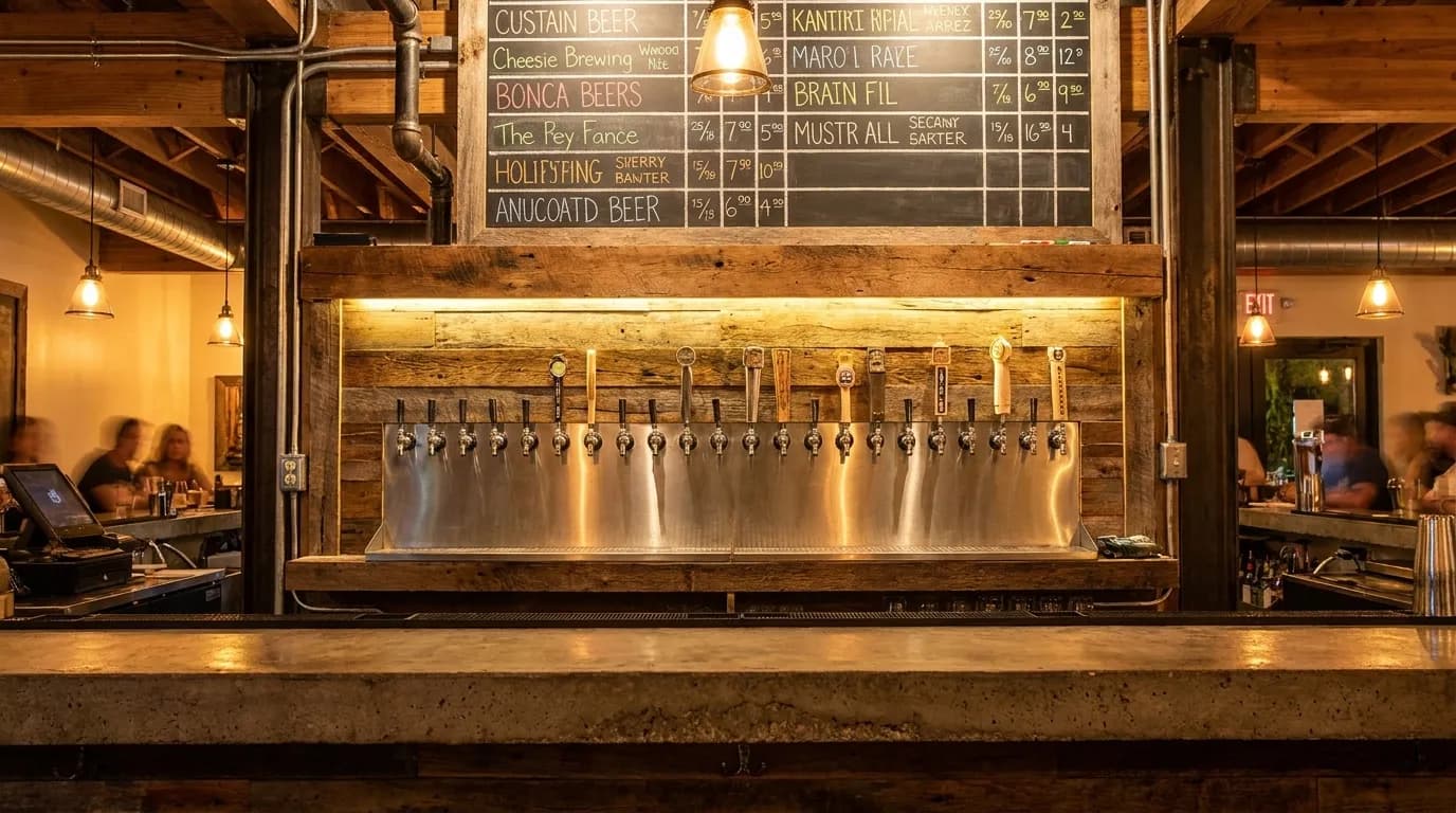 Bar taps and concrete counter inside a Wynwood brewery with warm evening lighting