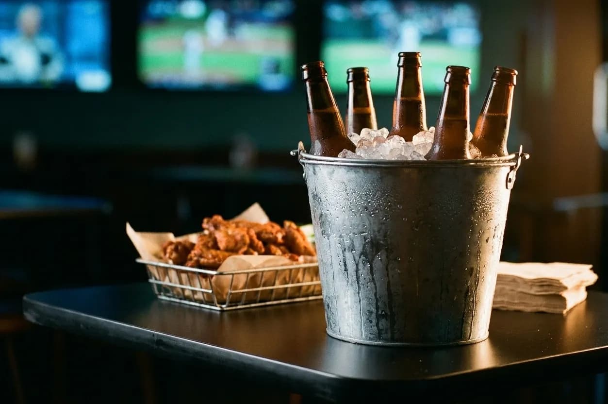An ice bucket of unlabelled beer bottles sweating on a high top table with a basket of wings behind, screens blurred in the background