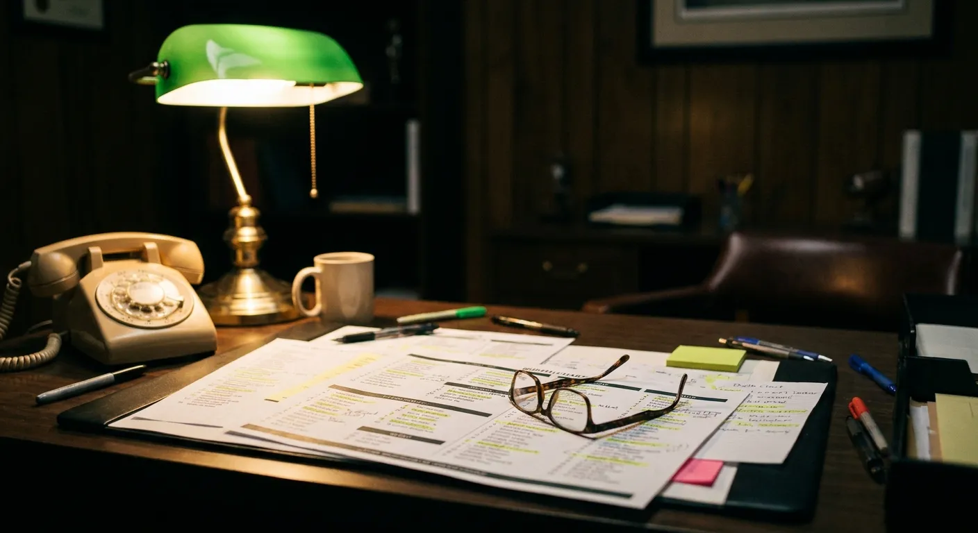Coach's desk with a depth chart, highlighters and a phone under a warm lamp in a dark office