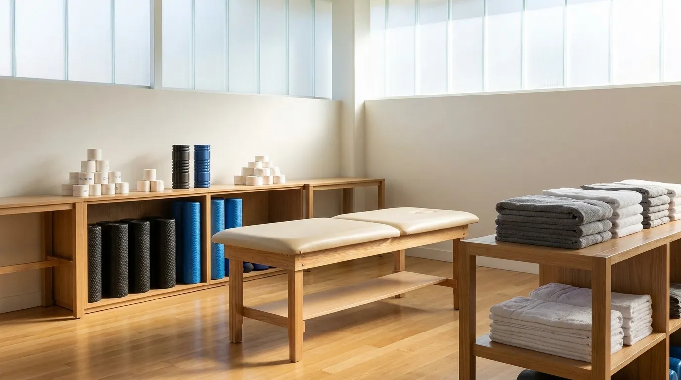 Athletic training room with taped ankles bench, foam rollers and folded towels in soft light