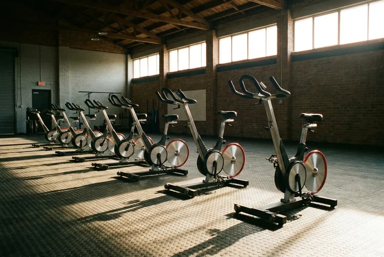 Stationary rehab bikes lined up in an empty training facility with morning light