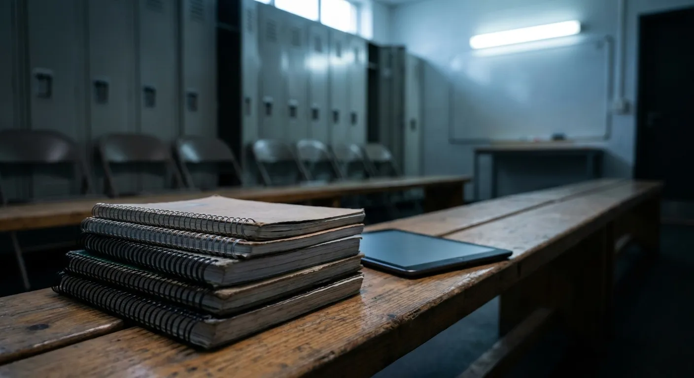 A stack of playbooks and a tablet on a bench in an empty football meeting room