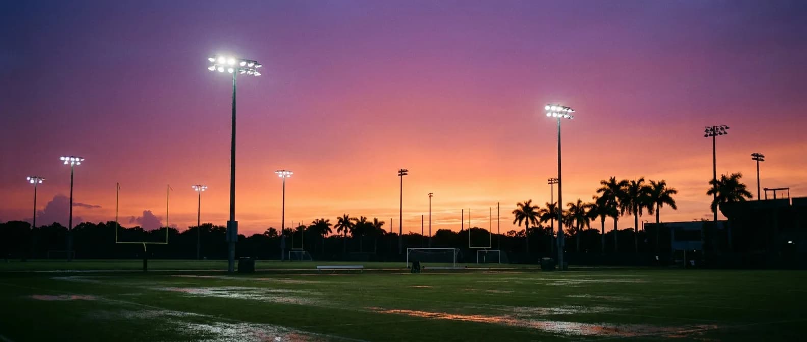 Bright stadium lights glowing over an empty South Florida practice facility at dusk