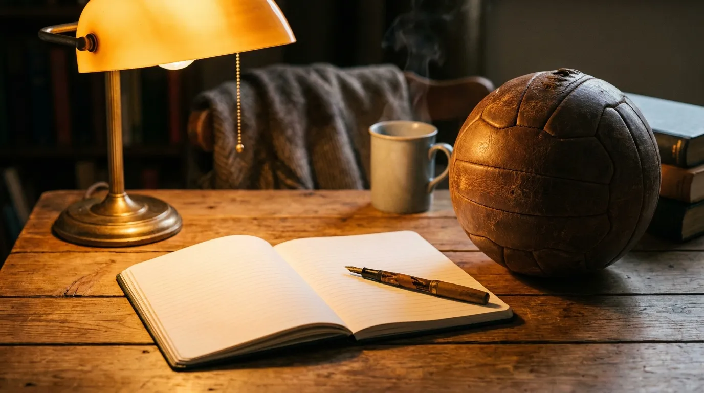 A dictionary-style open notebook beside a football on a wooden table in warm lamp light
