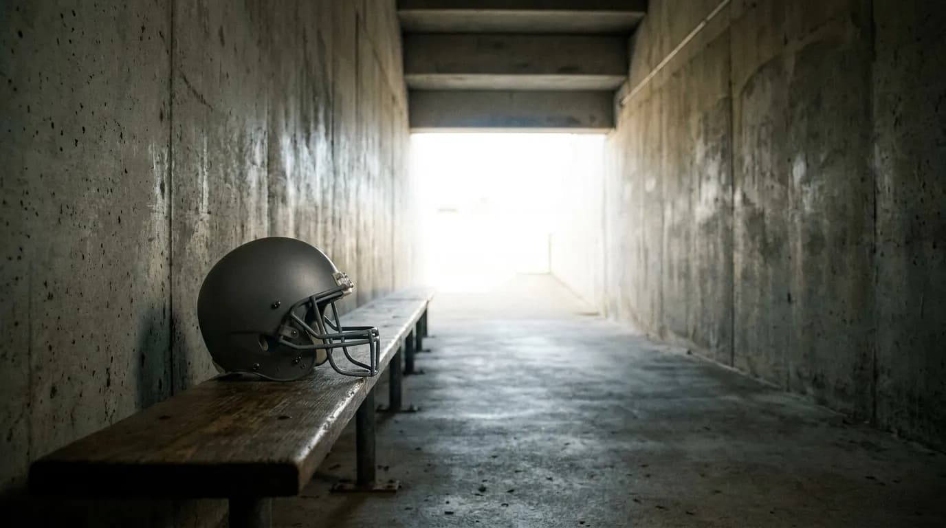 A single football helmet on a bench in an empty tunnel with daylight at the far end