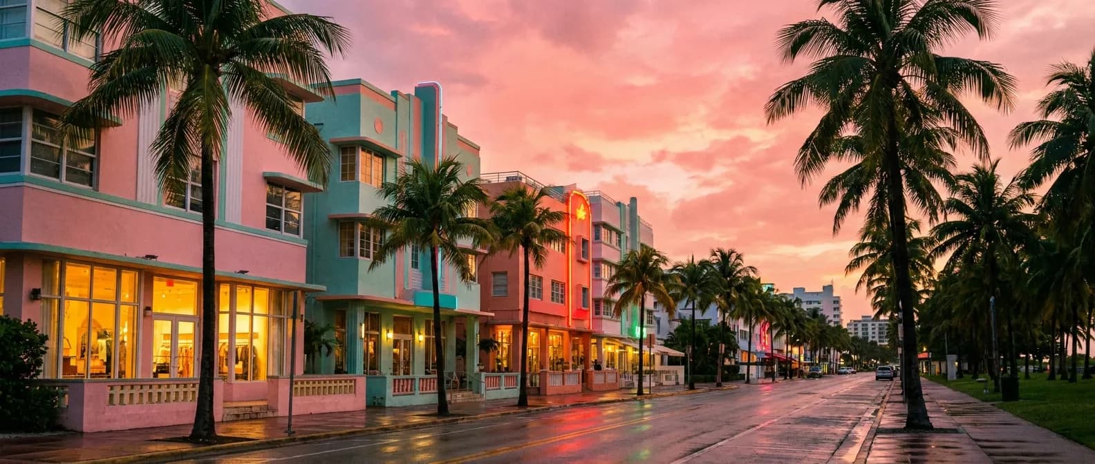 Palm-lined street in Miami at dusk with warm storefront lights and a colorful evening sky