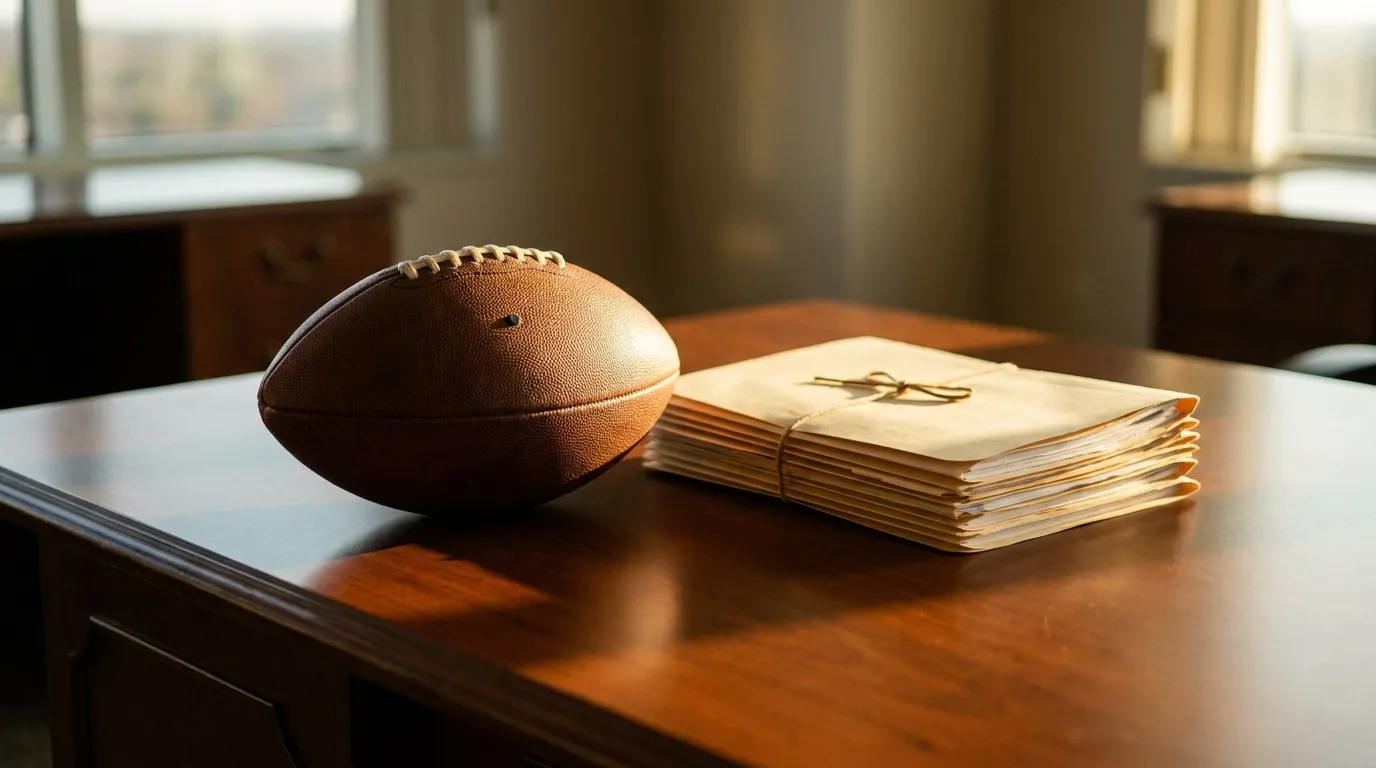 A football resting on an office desk beside a stack of contract folders in late-afternoon light
