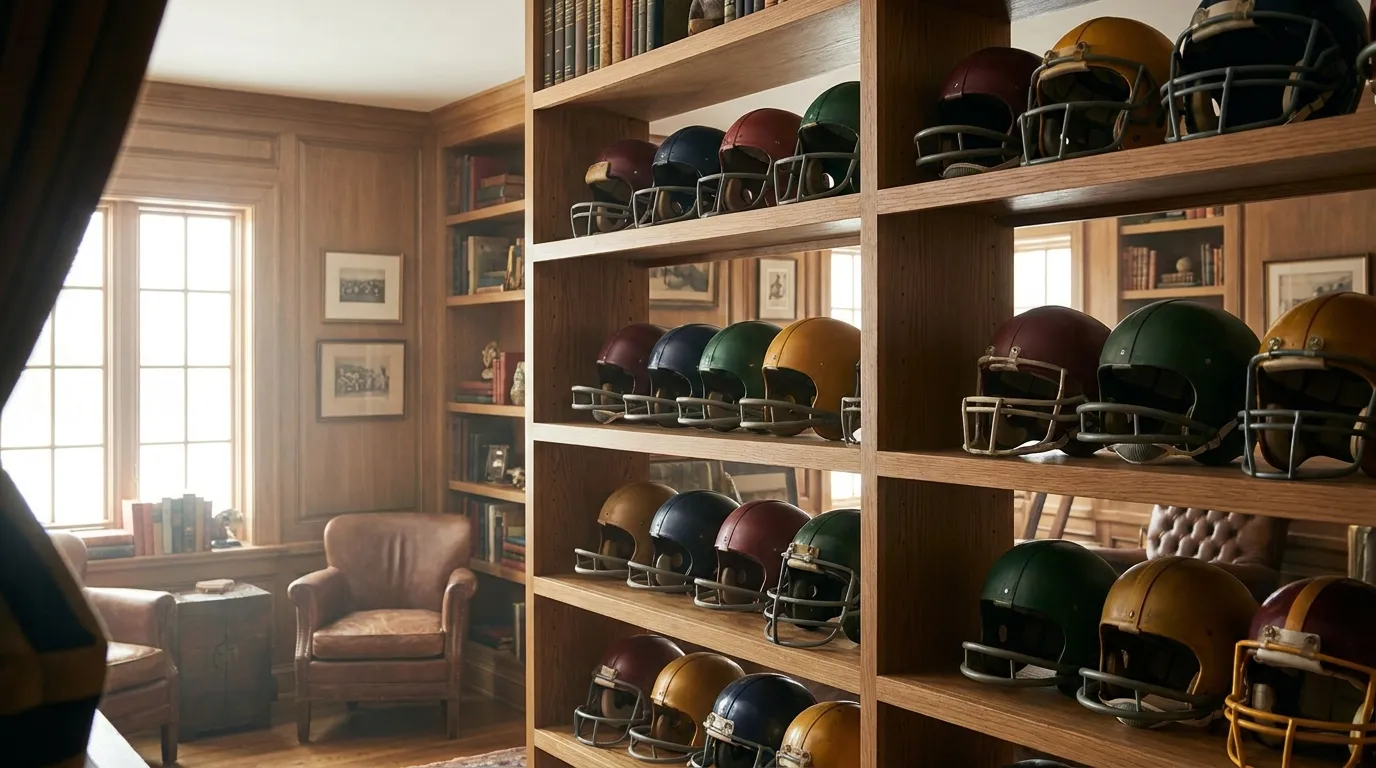 Thirty-two team helmets arranged in rows on a shelf in soft window light