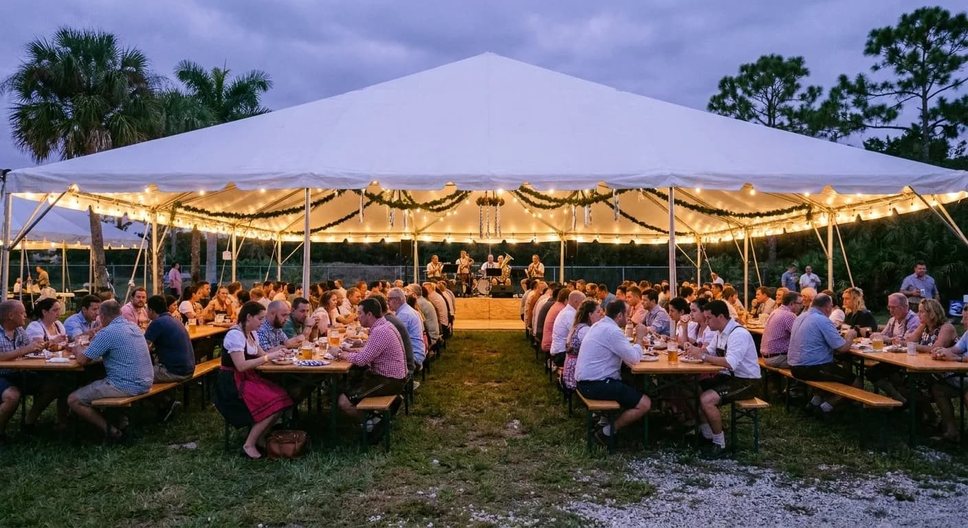 An open-sided white marquee on a grass club ground at dusk, long pine bench tables filled with people and a small brass band on a low stage, palm trees behind