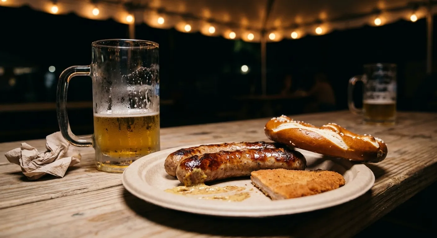 A paper plate of bratwurst, schnitzel and a salted pretzel next to a glass stein of pale lager on a bare pine bench table under string lights