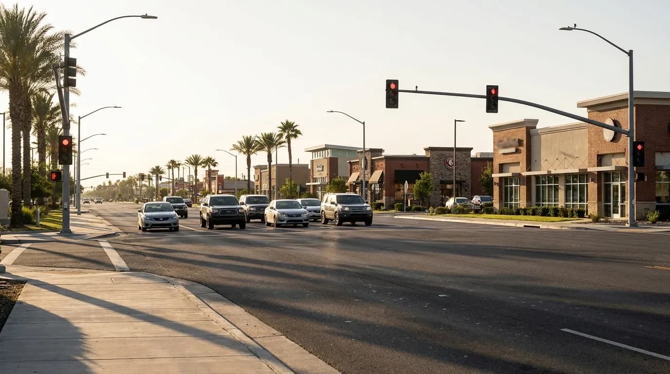 Afternoon traffic on a commercial street in Doral, Miami