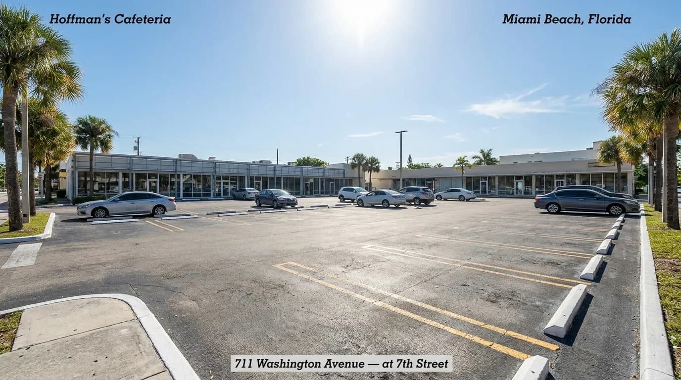 Midday view of a suburban strip mall parking lot in Miami