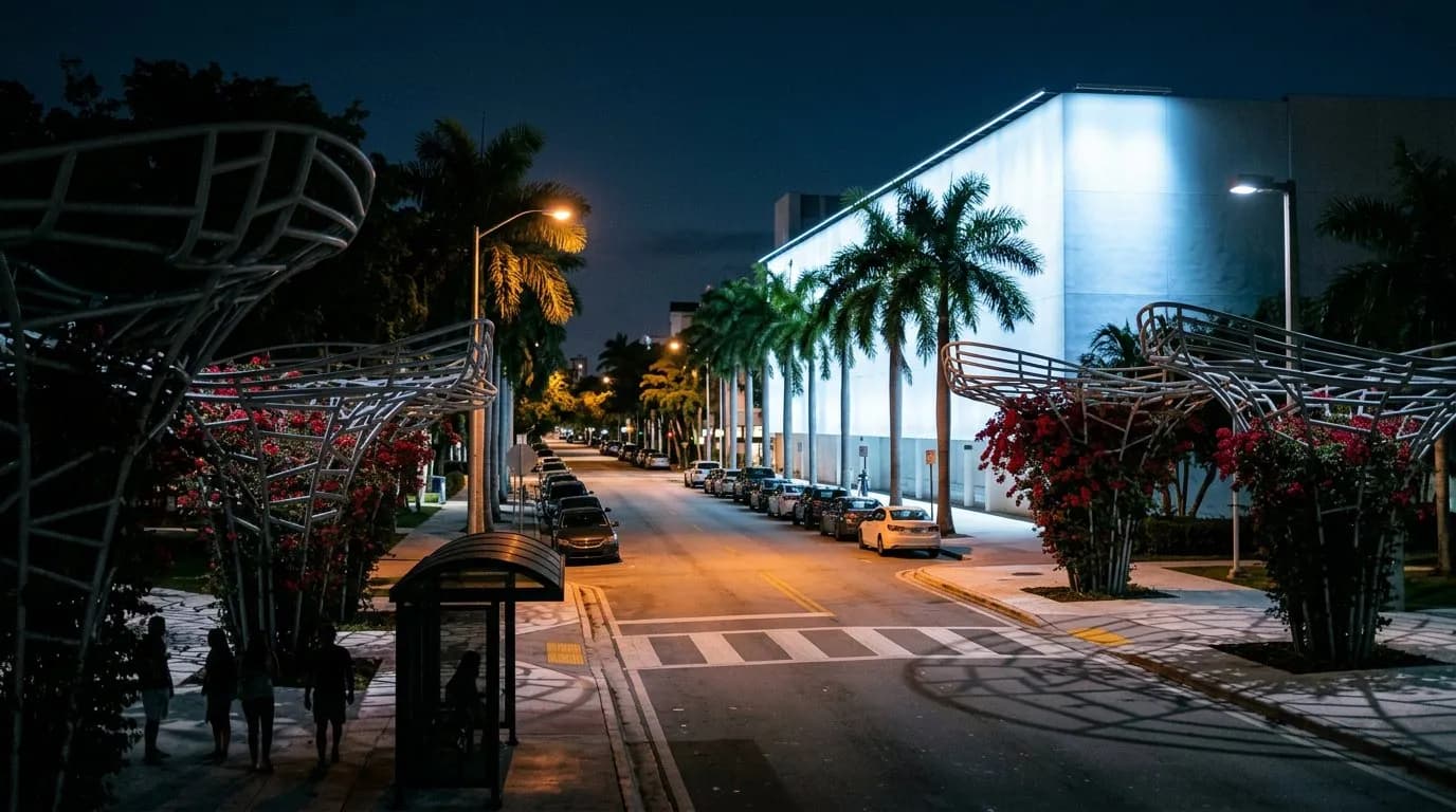Street view at night toward the glowing New World Center wall in Miami Beach