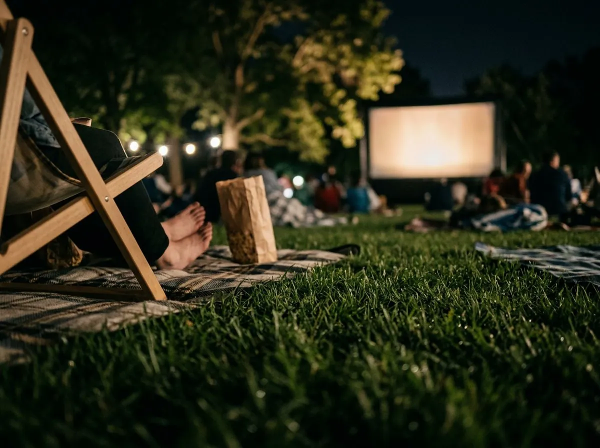 Close-up of a picnic blanket and popcorn bag on the lawn at an outdoor screening