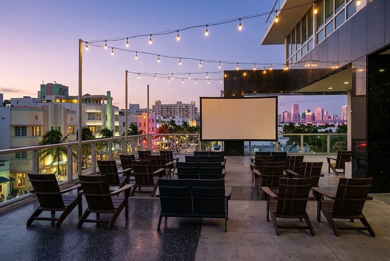 Open-air rooftop terrace at dusk with rows of chairs facing a blank screen against the Miami Beach skyline