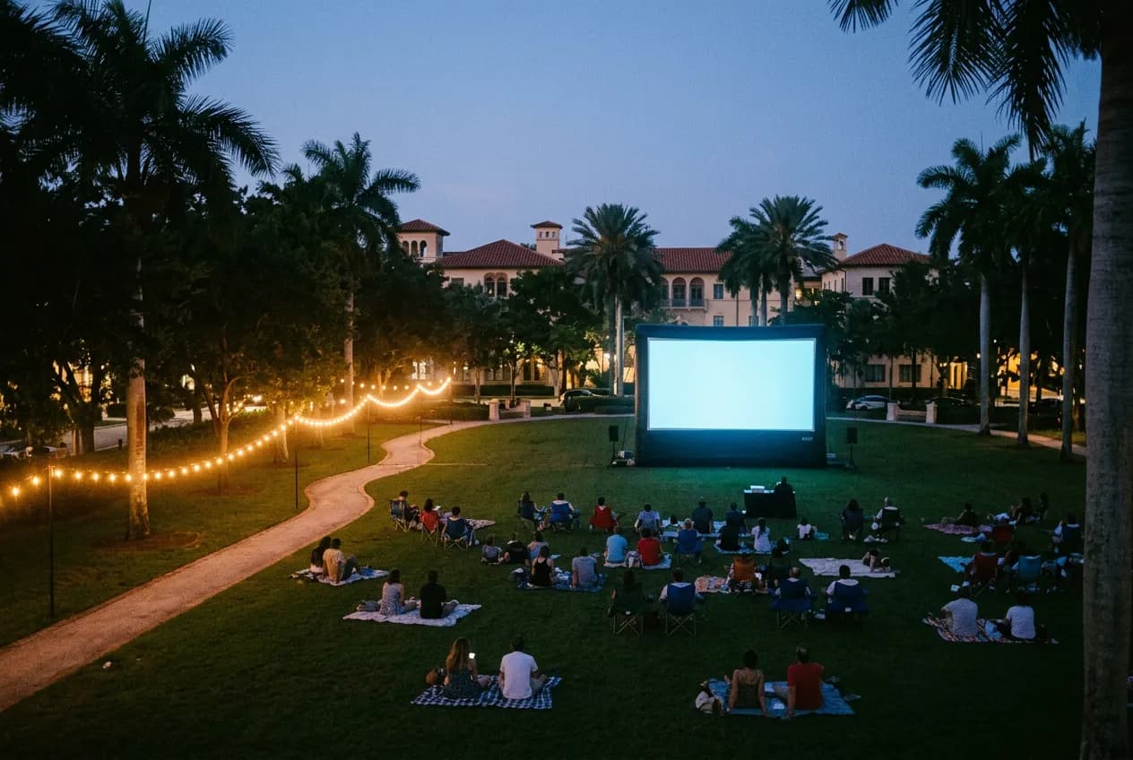 Open lawn at a Coral Gables park with a large outdoor movie screen glowing at dusk, palm trees and distant figures on blankets