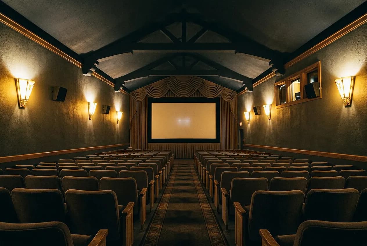 Rows of empty seats facing a small screen inside a single-auditorium cinema, warm ambient light on the walls
