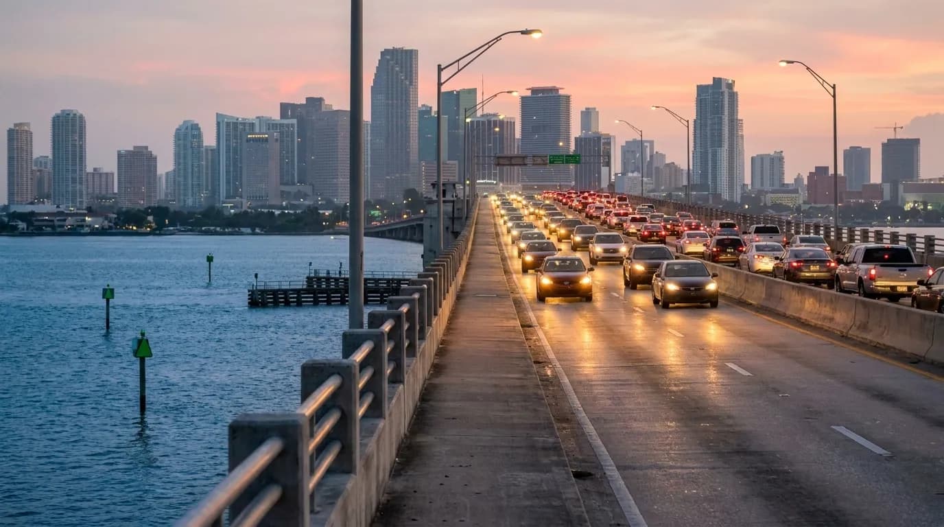 Evening traffic on MacArthur Causeway bridge connecting Miami mainland to South Beach, with downtown skyline in background