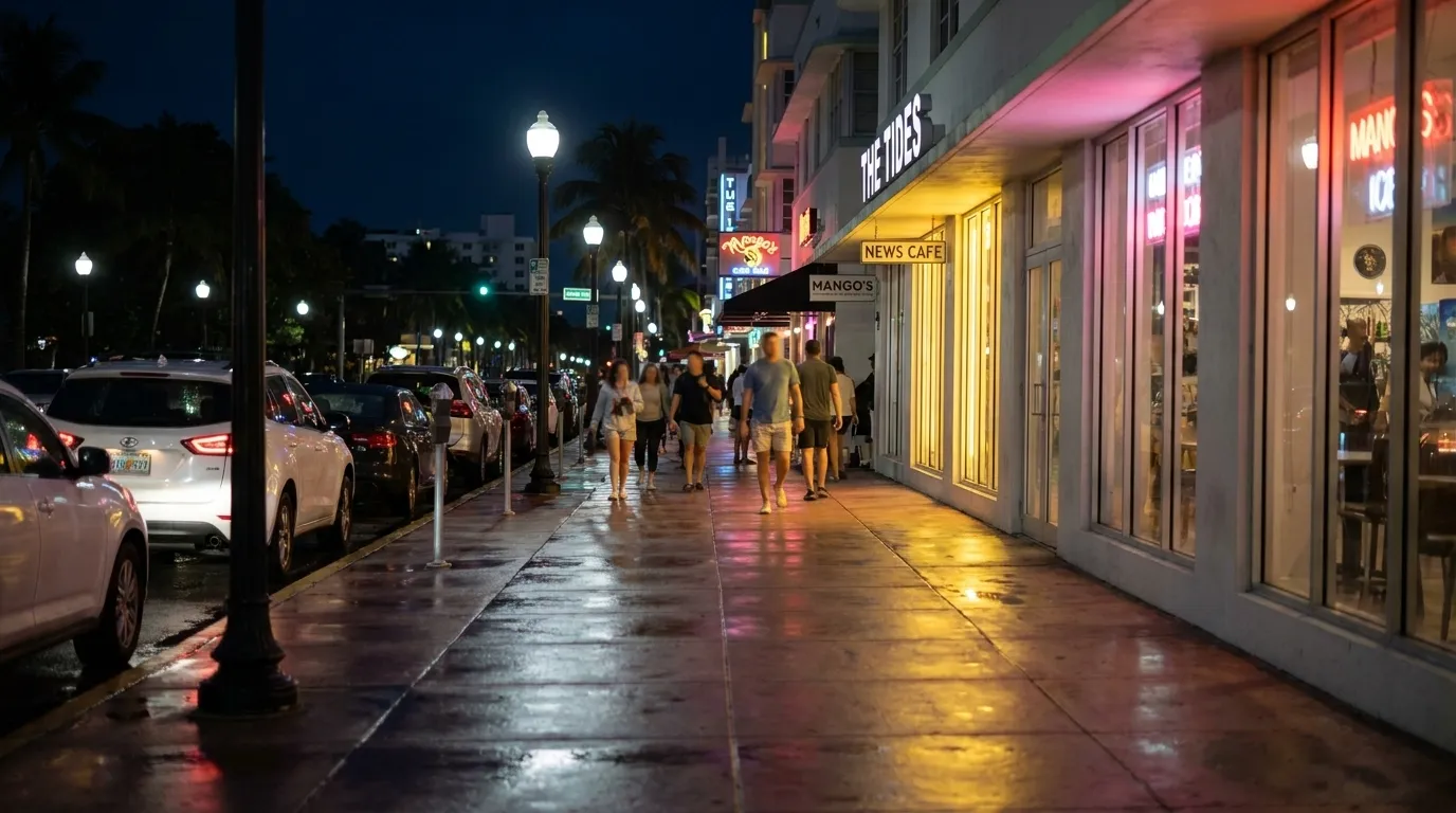 Washington Avenue sidewalk in South Beach at night after rain, with lit storefronts and pedestrians under streetlights