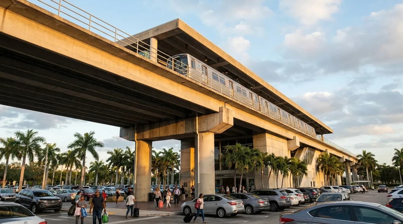 Dadeland South Metrorail station exterior in Miami with elevated tracks and parking lot in late afternoon light