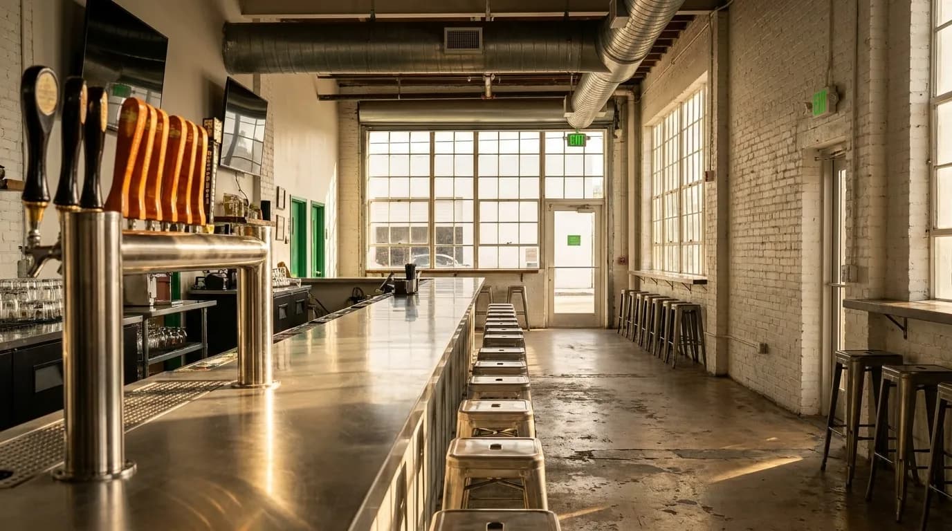 Spacious brewery taproom interior with industrial fixtures and afternoon sunlight in Miami