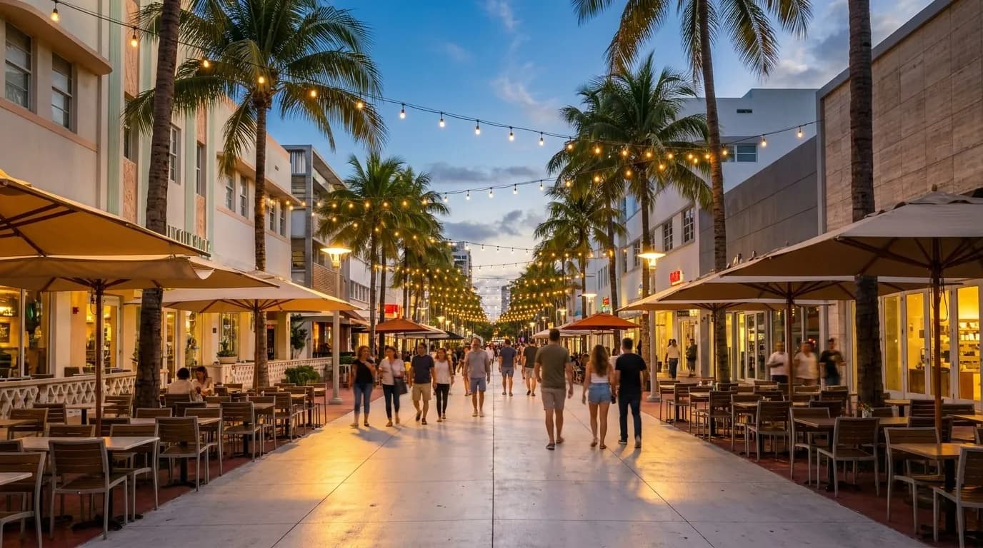 Lincoln Road pedestrian mall at dusk with string lights, palm trees, and outdoor café tables