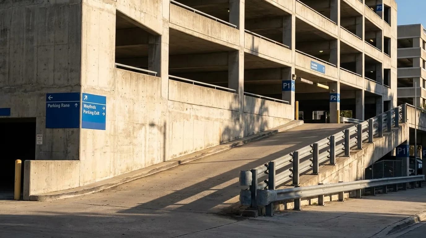 Entrance ramp to Miami Beach municipal parking garage with level signage and concrete structure