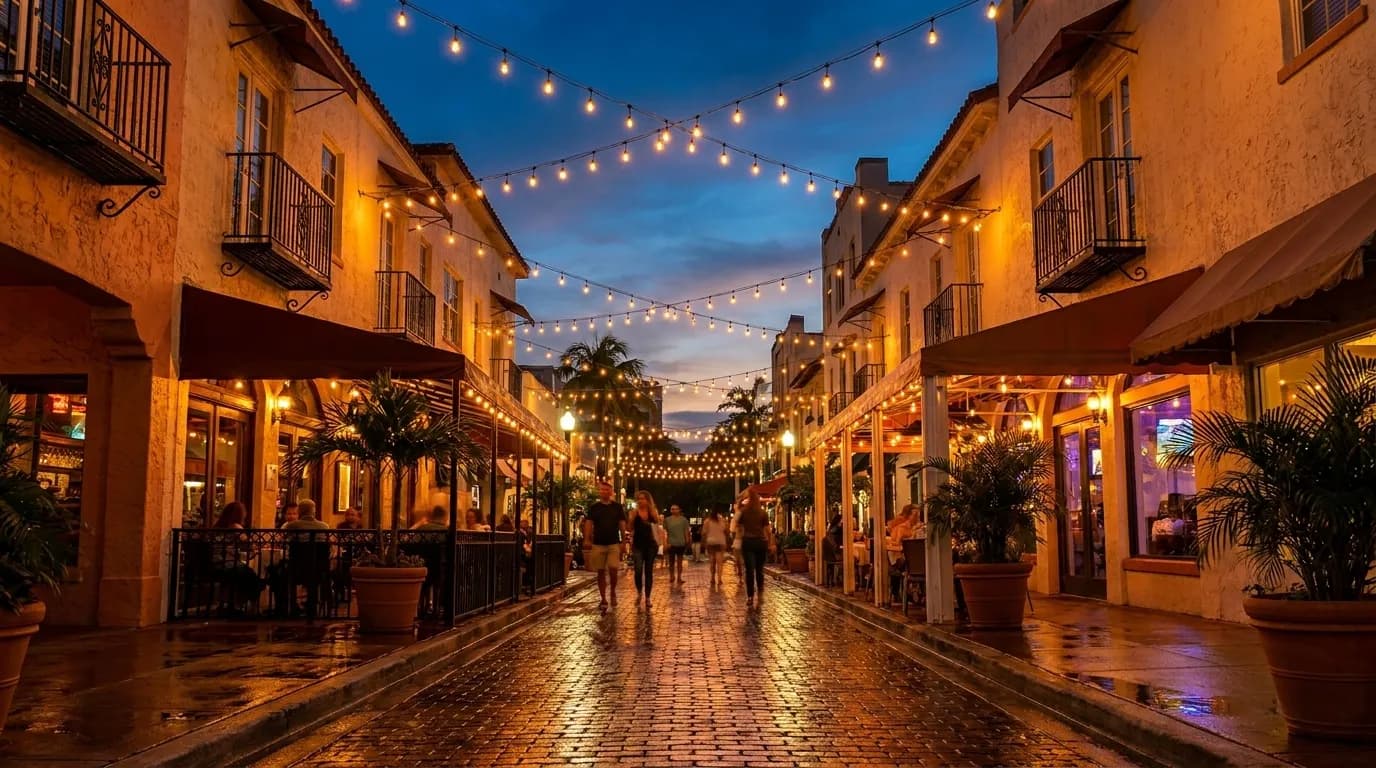 Española Way pedestrian street at night with string lights, awnings, and Spanish Revival architecture