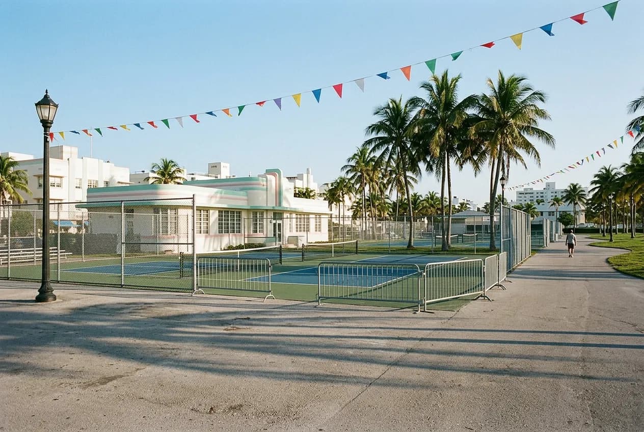 Outdoor pickleball courts inside a large Miami Beach park under morning light, palm trees along the fence line