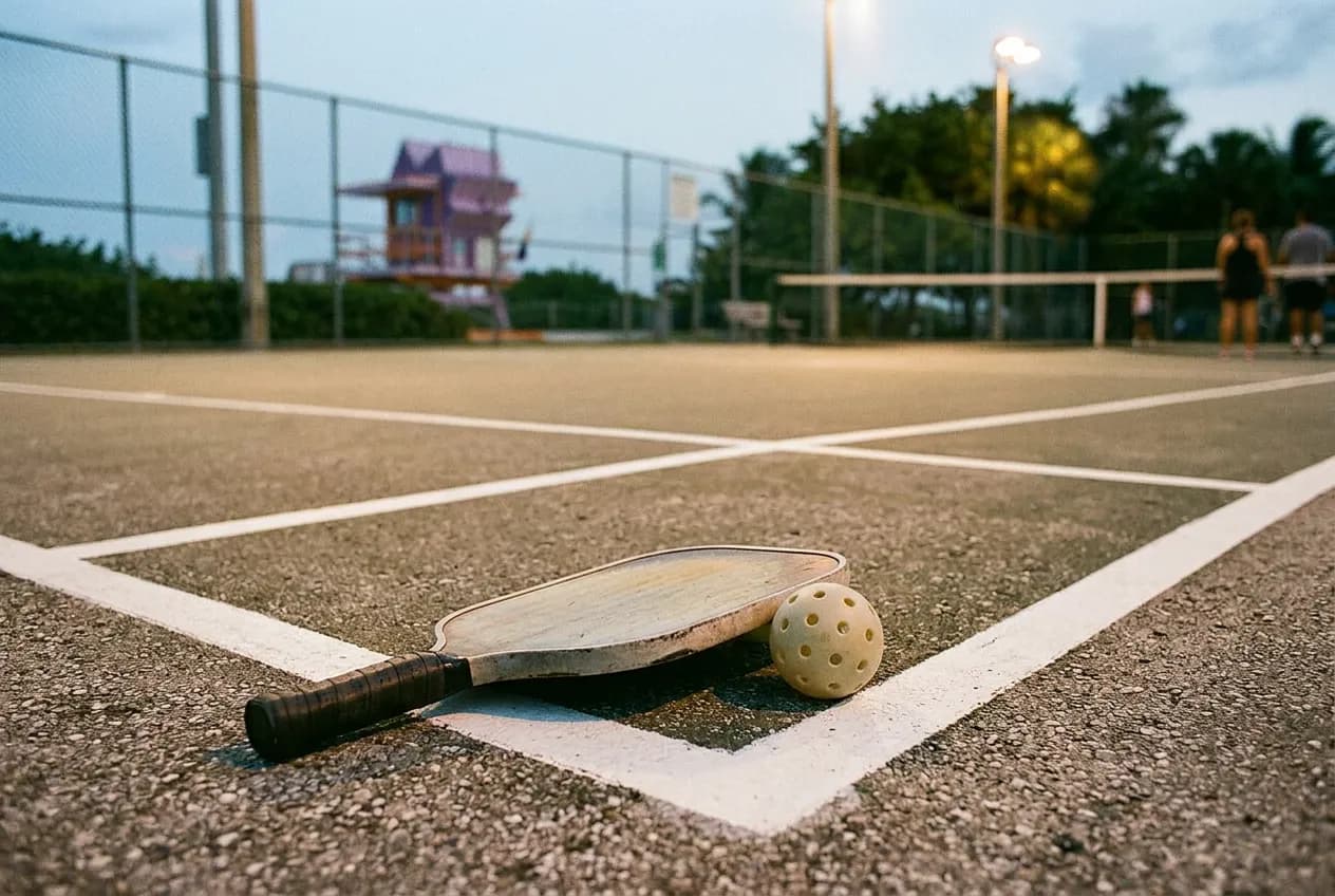 Close view of a paddle and ball resting on a painted pickleball court line at dusk under stadium lighting