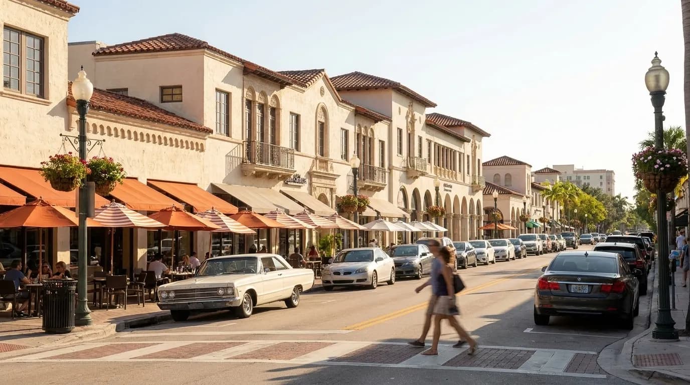 Miracle Mile in Coral Gables on a sunny afternoon with shops and parked cars lining the street
