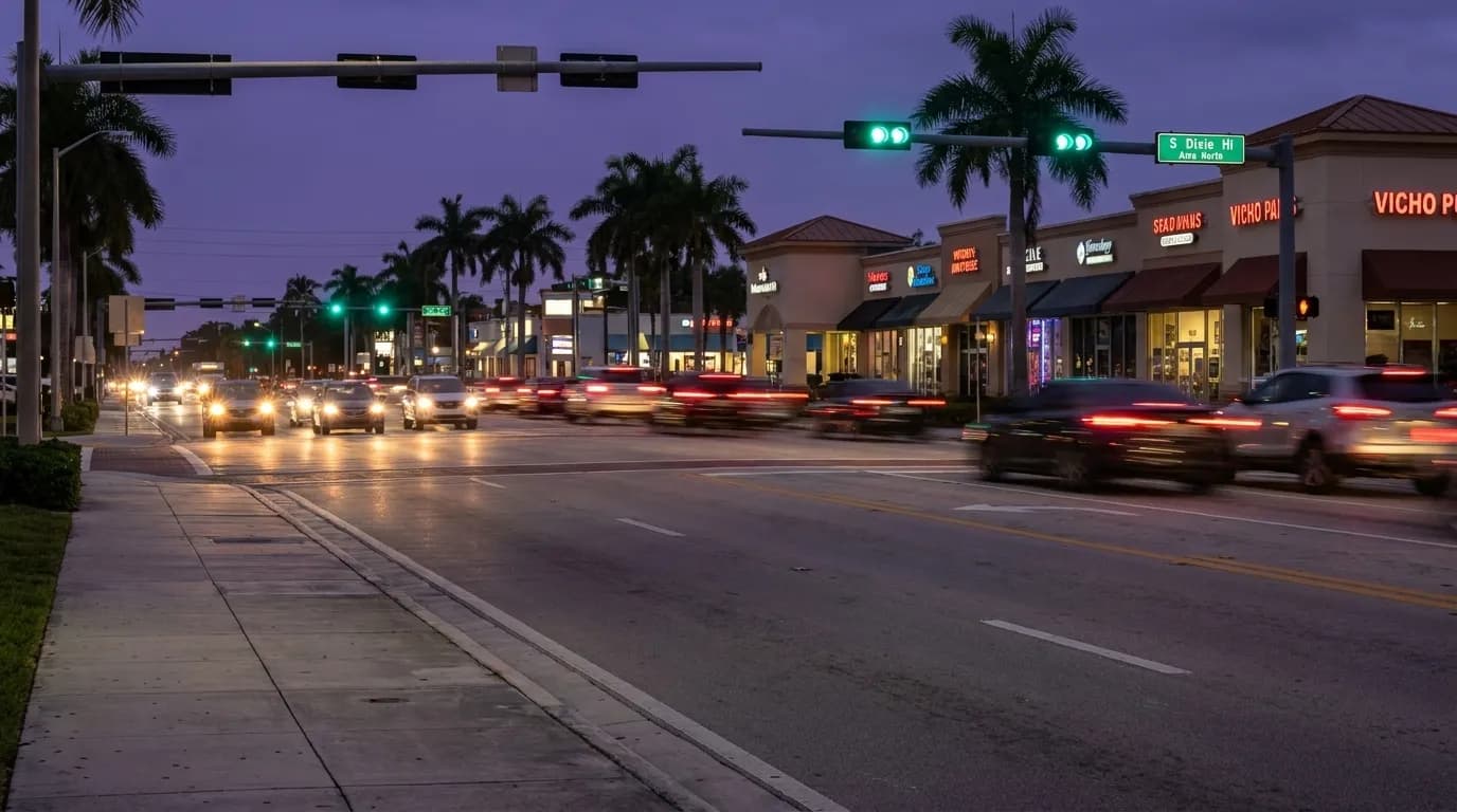 Evening traffic on South Dixie Highway in Miami with glowing taillights and storefront signs