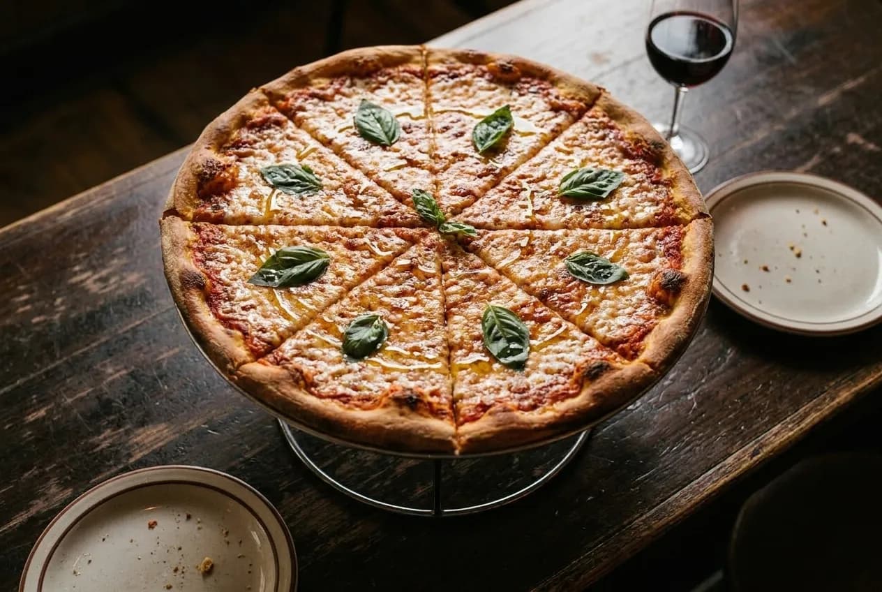 A wide thin-crust pizza cut into slices on a metal stand on a bar-height table