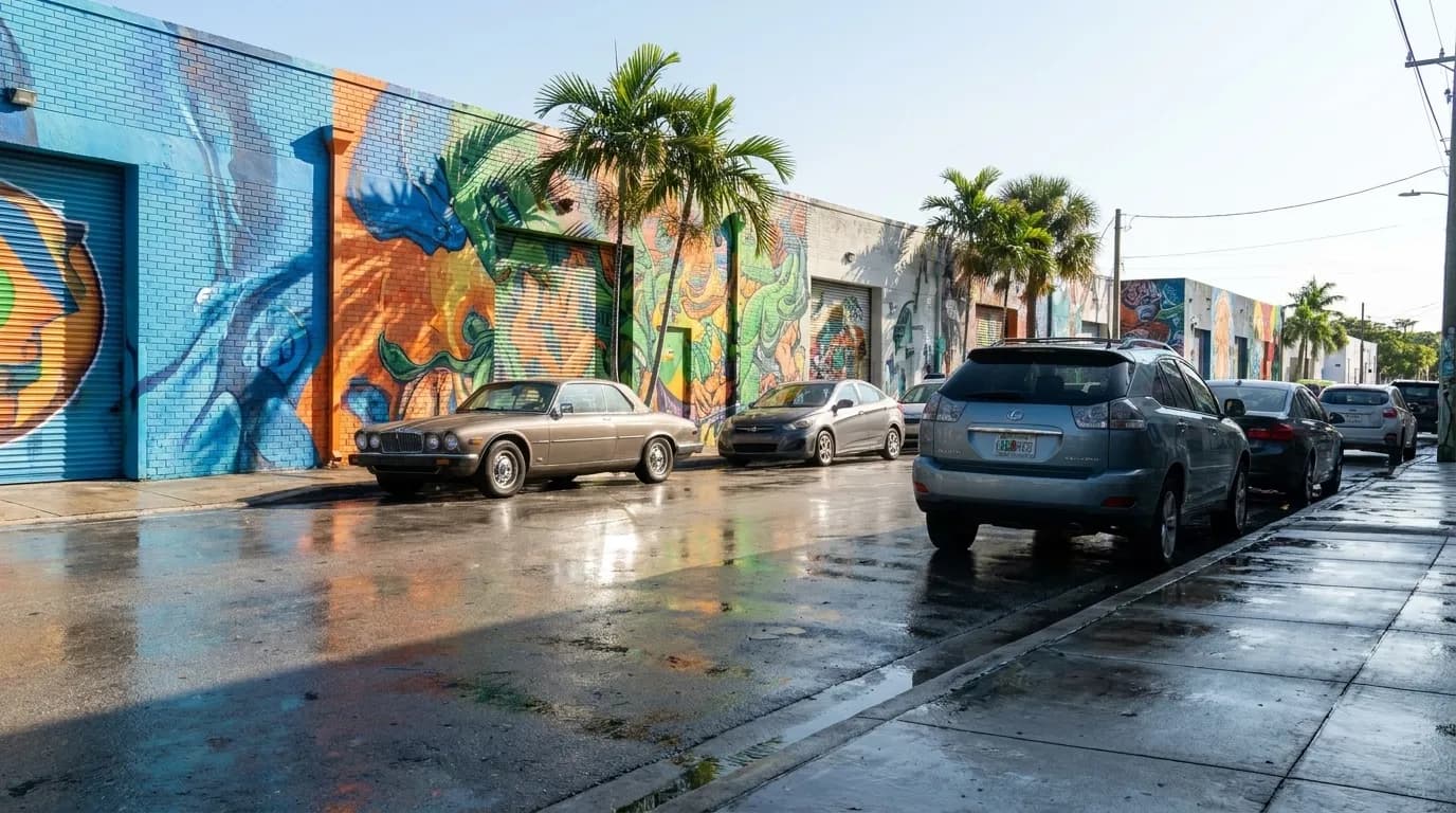 Wynwood street with murals and parked cars on a sunny Miami afternoon