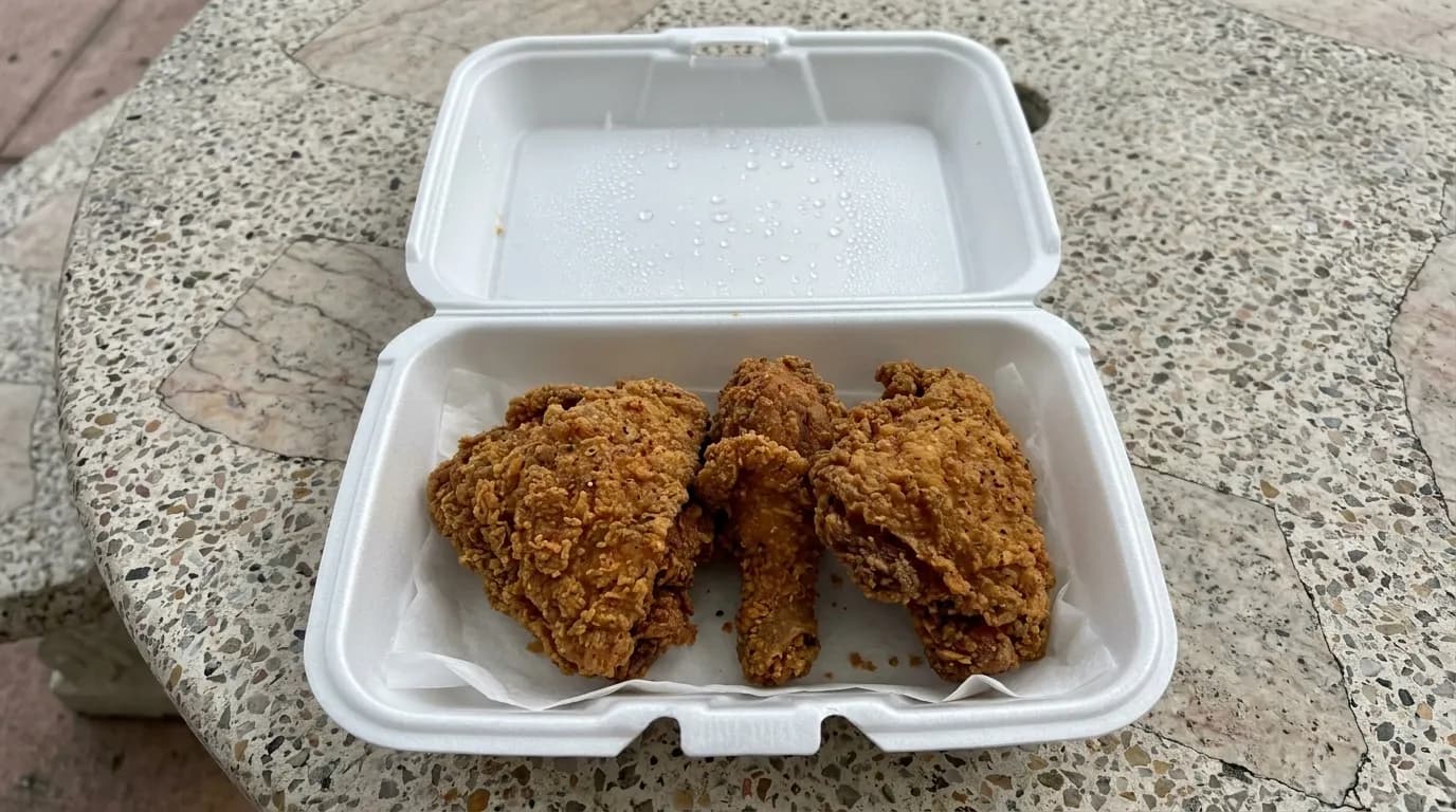 Fried chicken pieces in a takeout container with seasoned breading