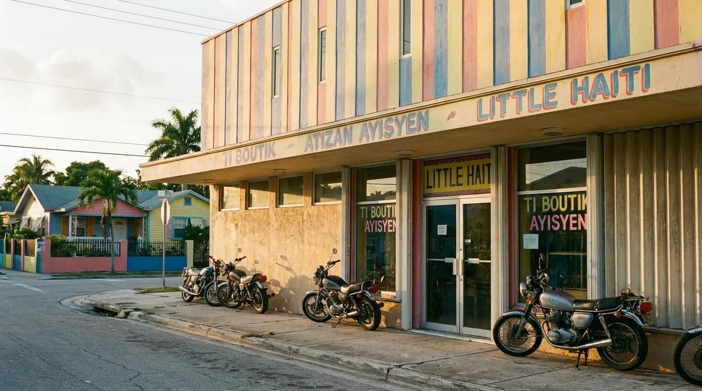 Little Haiti storefront on Northeast 2nd Avenue in late afternoon light