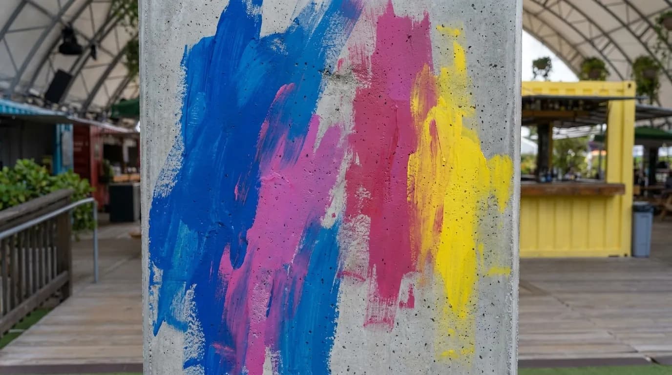 Close detail of a colorful mural on a concrete wall in Wynwood, Miami, showing textured paint strokes in bright blues and magentas