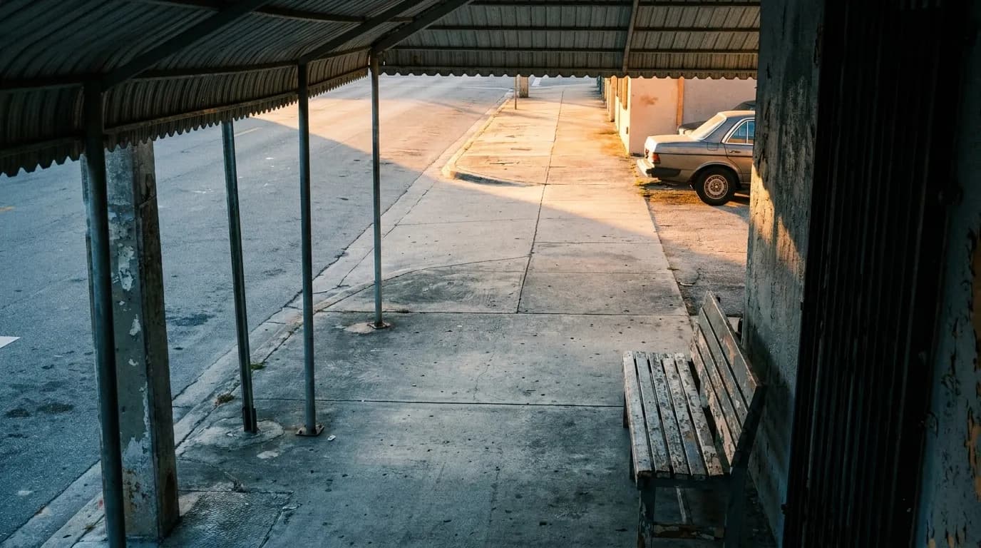 View from a shaded bench on a Wynwood sidewalk, looking out toward sunlit pavement and a parked car in late afternoon