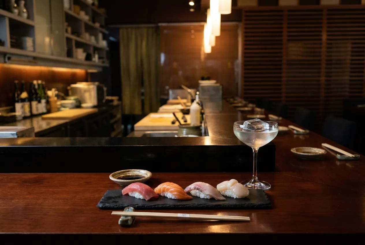 A dark sushi counter with a slate of nigiri and a low cocktail glass under a warm pendant light