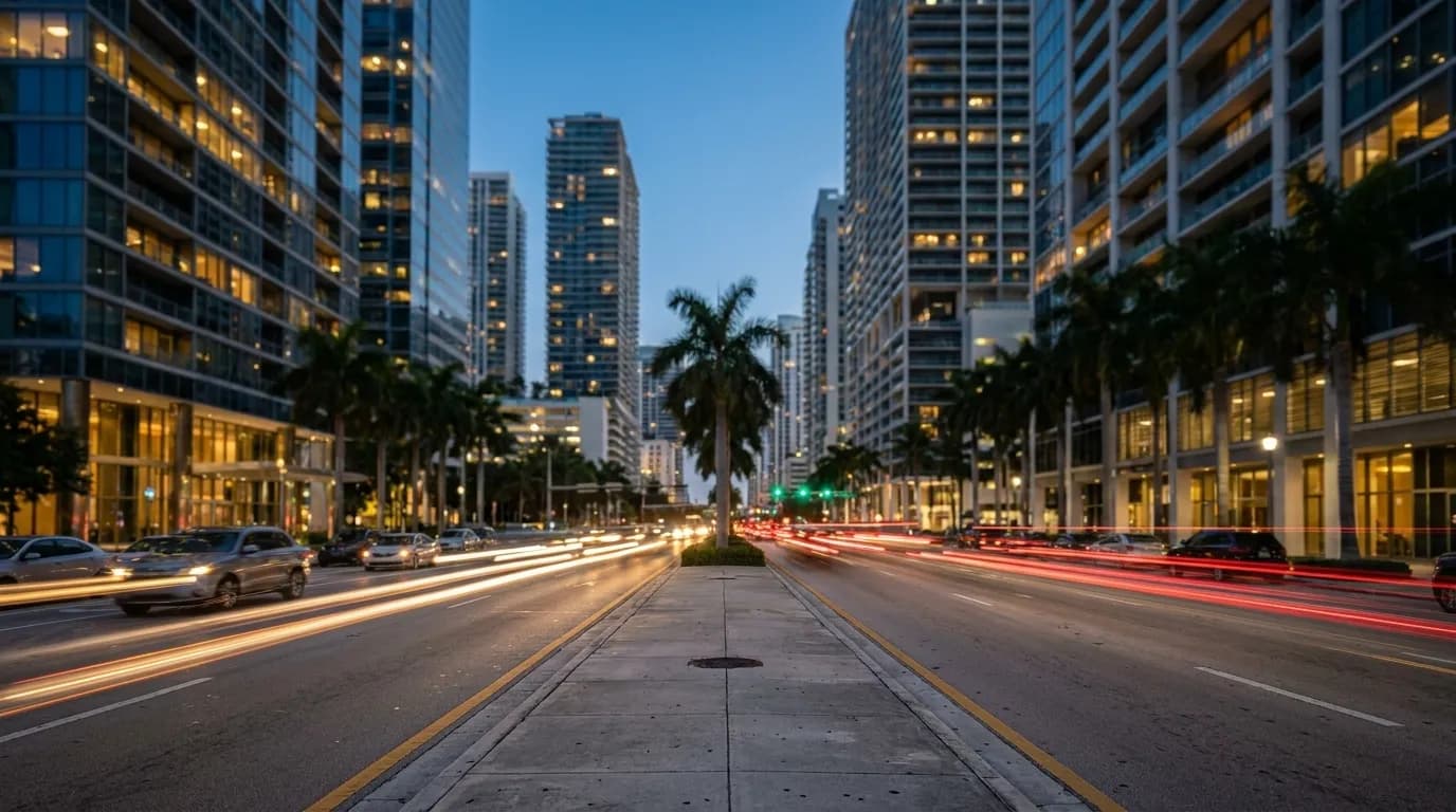 Brickell Avenue at dusk with traffic and illuminated high-rise buildings in Miami