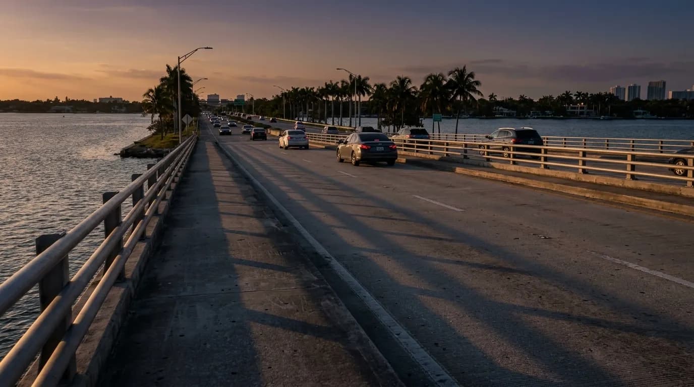MacArthur Causeway bridge with traffic crossing Biscayne Bay toward Miami Beach