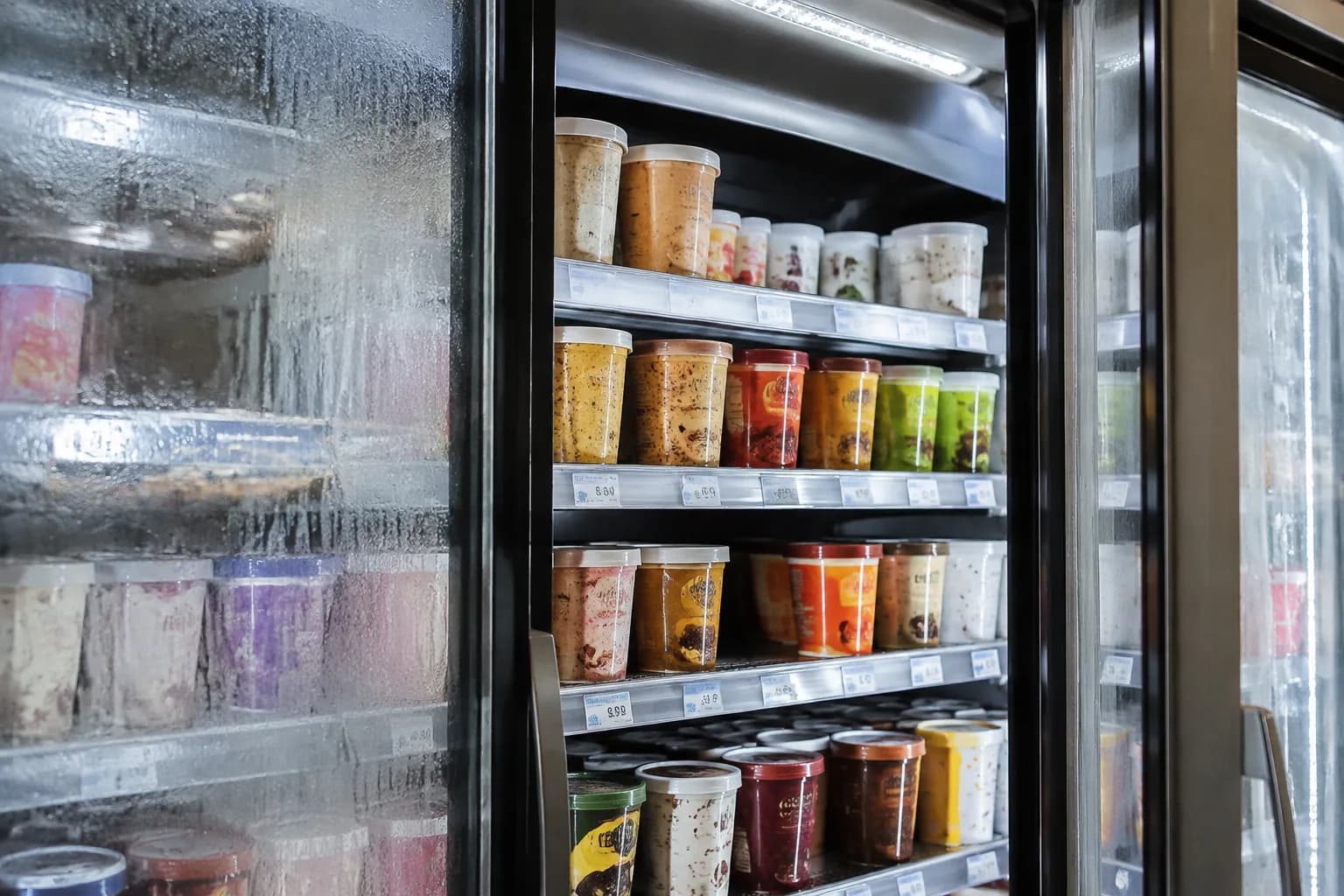 Freezer aisle in a Miami grocery store with rows of specialty ice cream pints