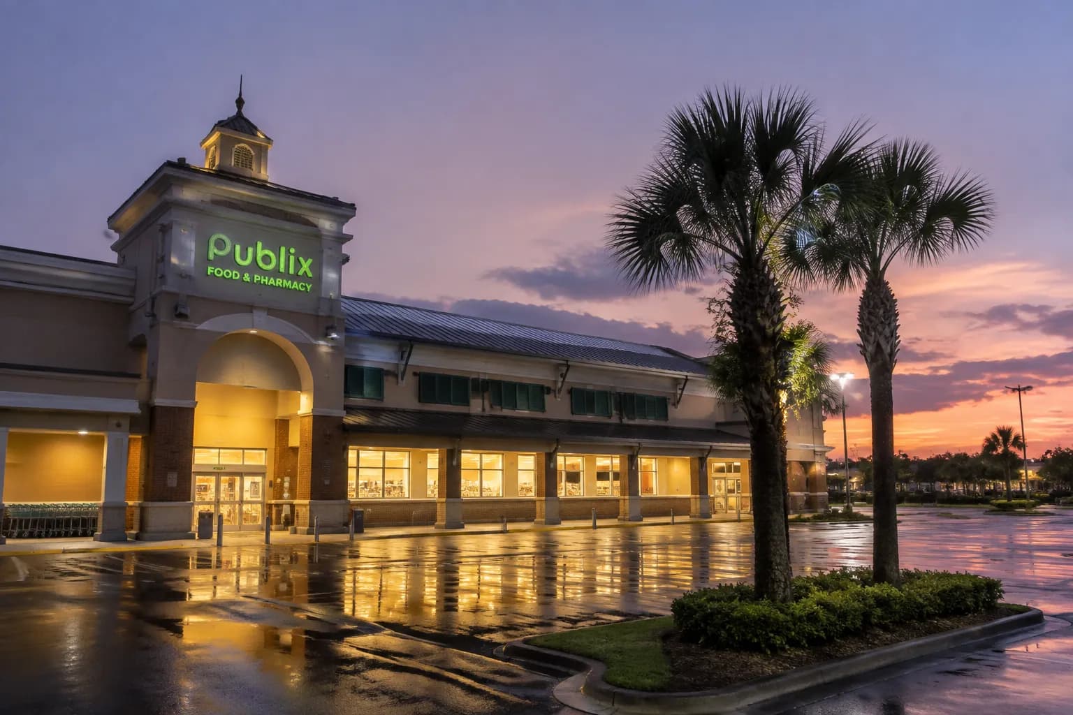 Publix grocery store exterior in Miami at dusk with parking lot and palm trees