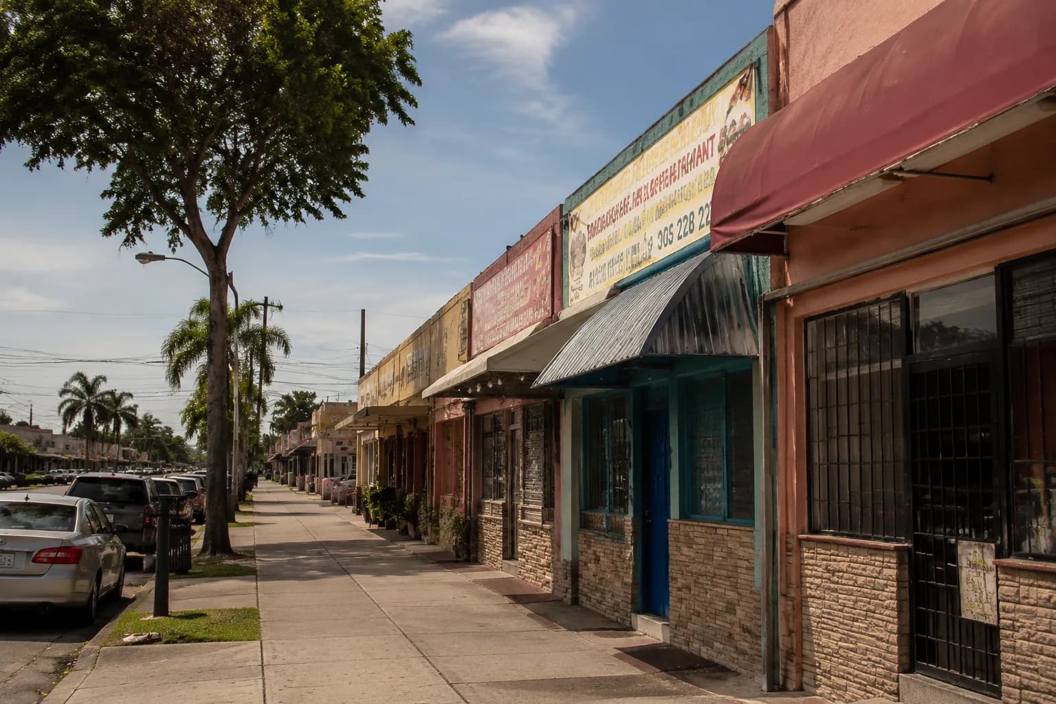 Coral Way commercial street in Westchester Miami with small restaurants and storefronts