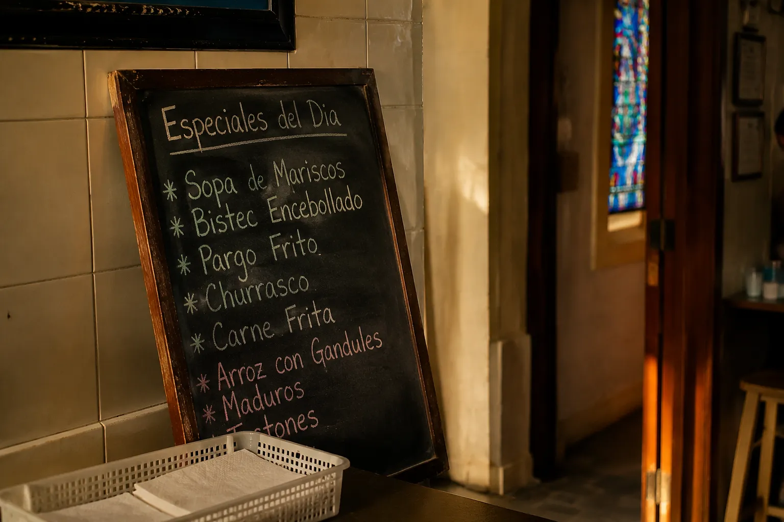 Handwritten chalkboard menu in a Miami Bolivian restaurant listing daily specials